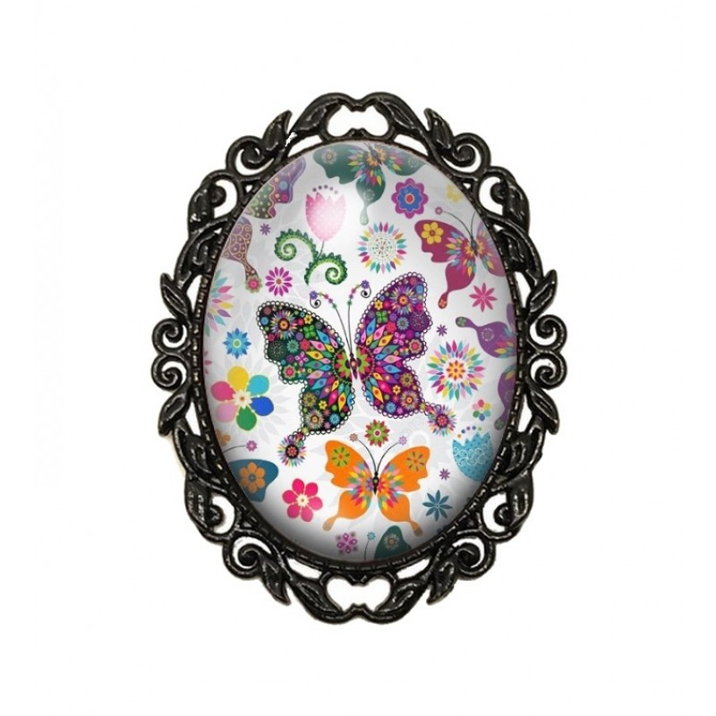 Broche Noire avec Cabochon en Verre Papillons