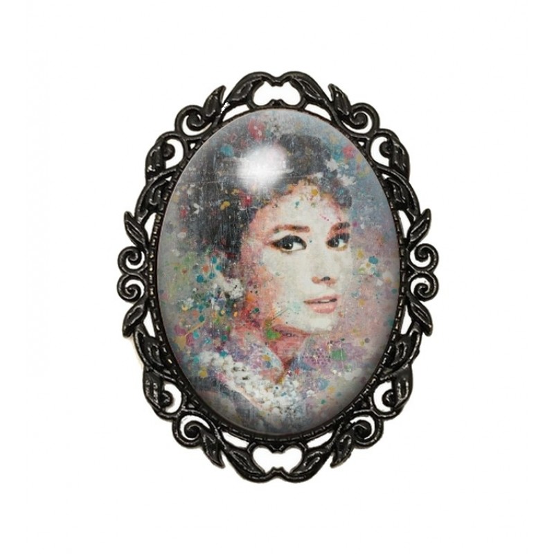 Broche Noire avec Cabochon en Verre Audrey Hepburn
