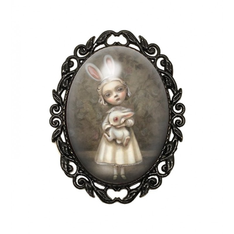Broche Noire avec Cabochon en Verre Petite Fille Lapin
