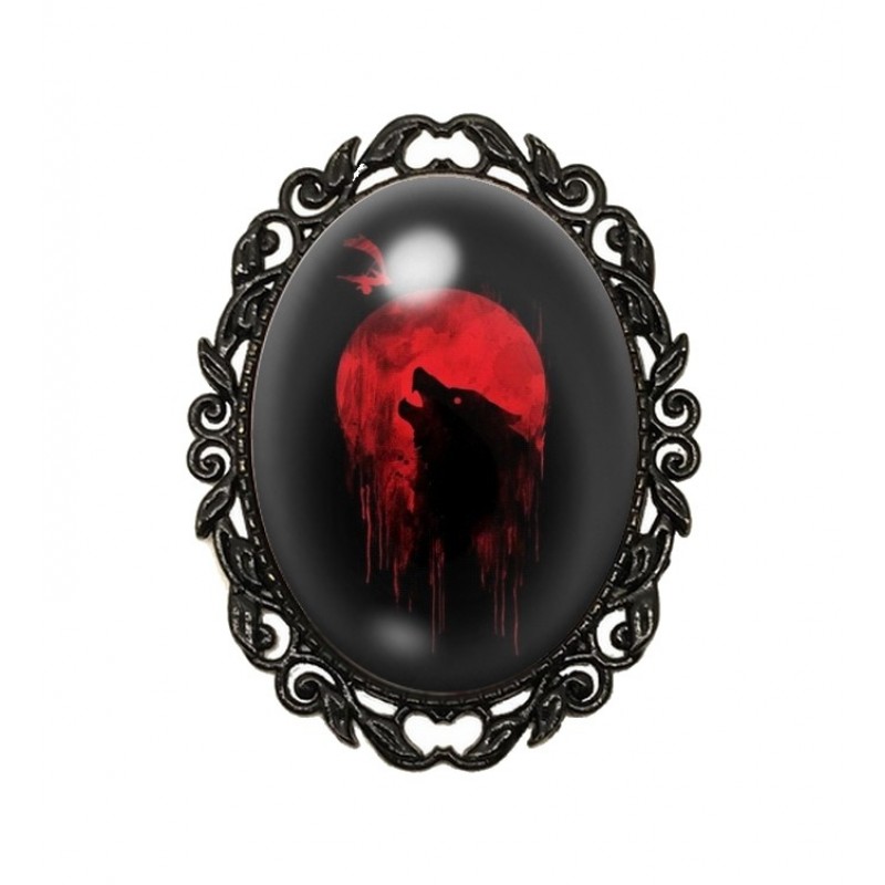 Broche Noire avec Cabochon en Verre Loup