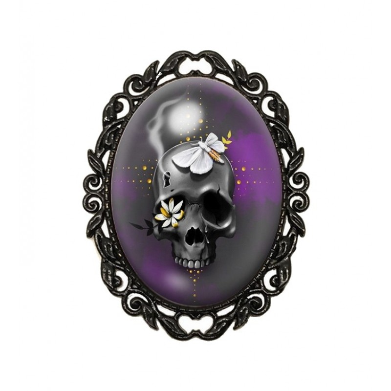 Broche Noire avec Cabochon en Verre Crâne Gothique