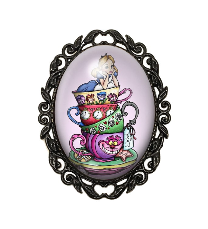 Broche Noire avec Cabochon en Verre Alice au Pays des Merveilles