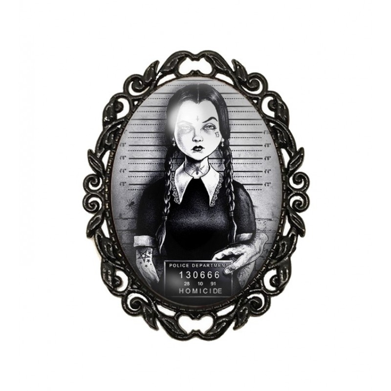 Broche Noire avec Cabochon en Verre Mercredi Gothique