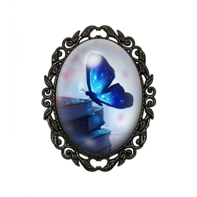 Broche Noire avec Cabochon en Verre Papillon