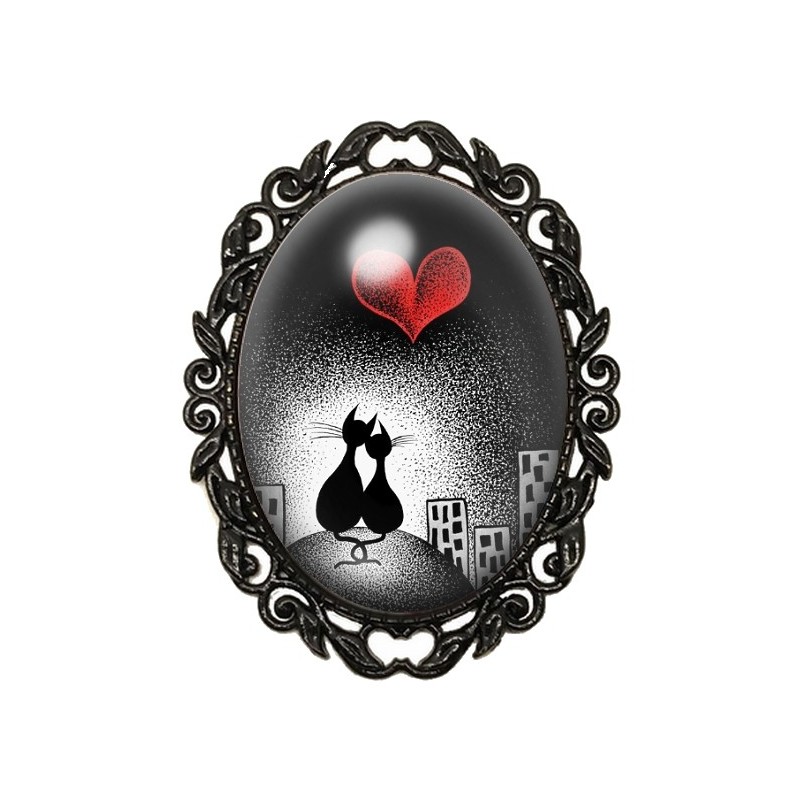 Broche Noire avec Cabochon en Verre Chats Amoureux