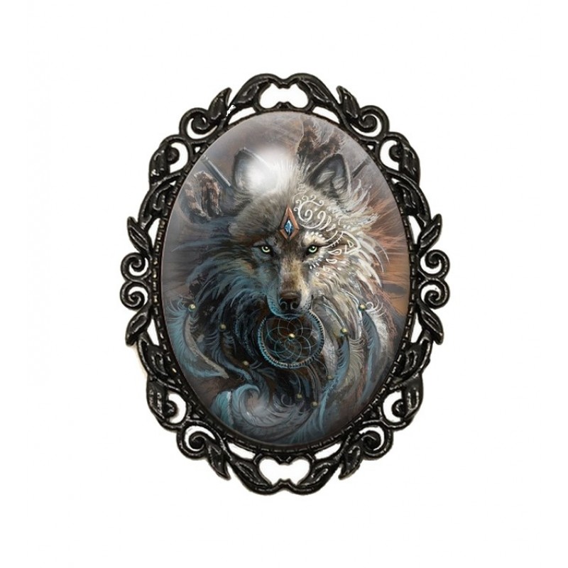 Broche Noire avec Cabochon en Verre Loup