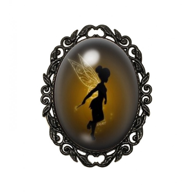 Broche Noire avec Cabochon en Verre Fée Clochette