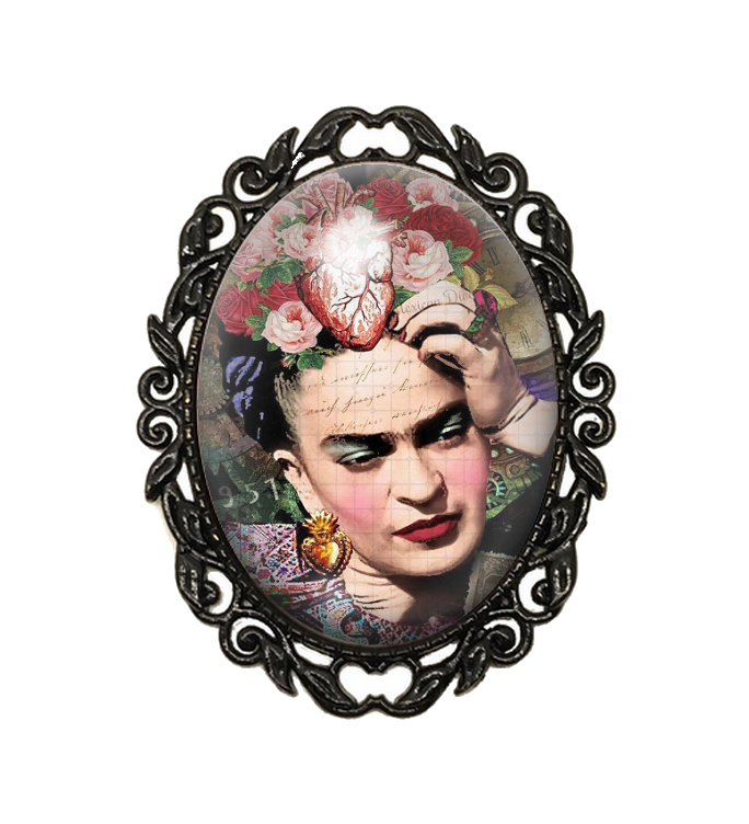 Broche Noire avec Cabochon en Verre Frida Kahlo
