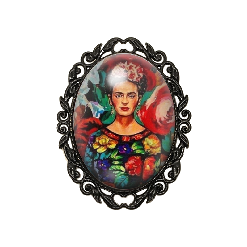 Broche Noire avec Cabochon en Verre Frida Kahlo