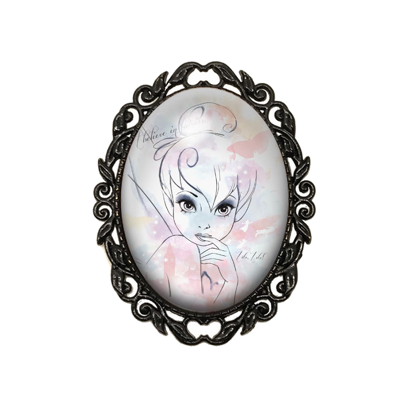 Broche Noire avec Cabochon en Verre Fée Clochette