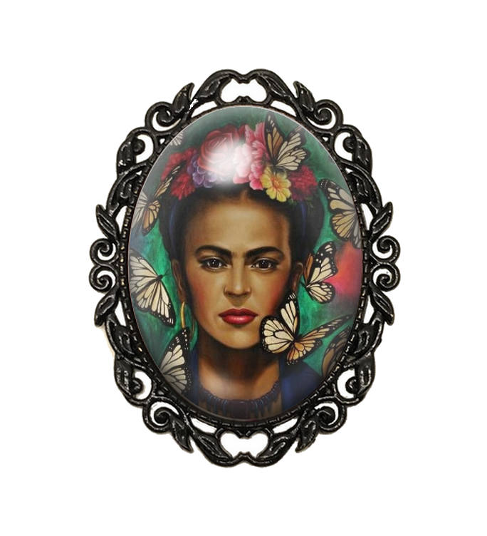 Broche Noire avec Cabochon en Verre Frida Kahlo