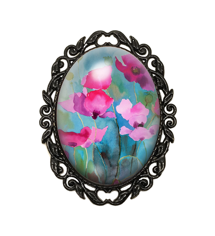 Broche Noire avec Cabochon en Verre Fleurs
