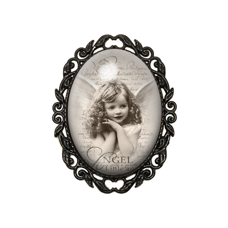 Broche Noire avec Cabochon en Verre Ange Vintage