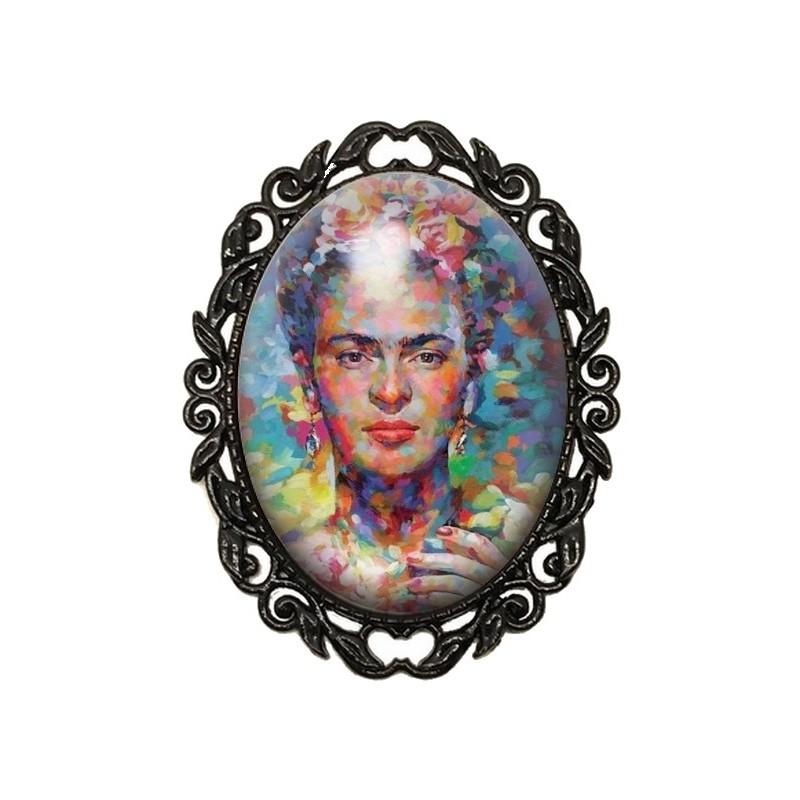 Broche Noire avec Cabochon en Verre Frida Kahlo