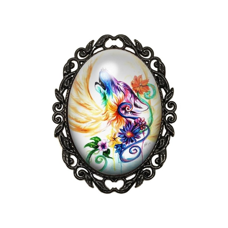 Broche Noire avec Cabochon en Verre Loup