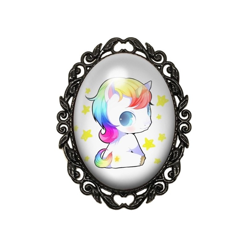 Broche Noire avec Cabochon en Verre Licorne