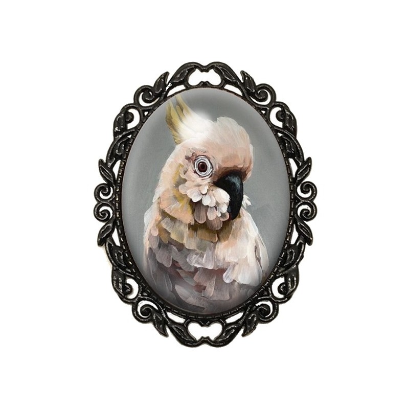 Broche Noire avec Cabochon en Verre Cacatoes