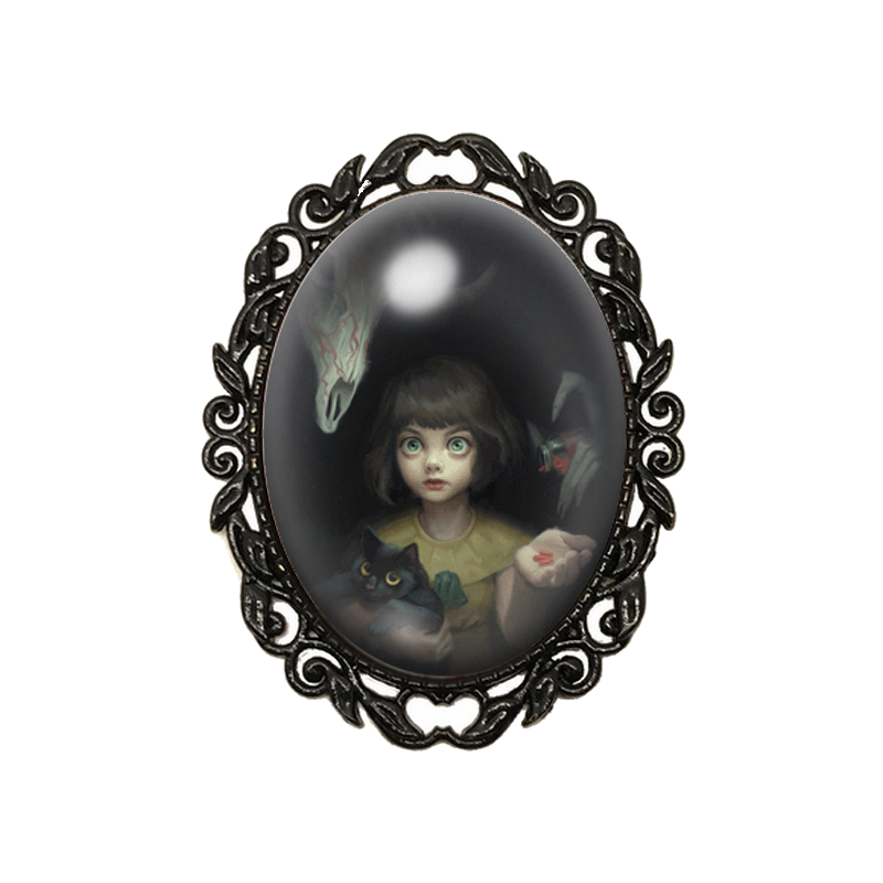 Broche Noire avec Cabochon en Verre Petite Fille Gothique
