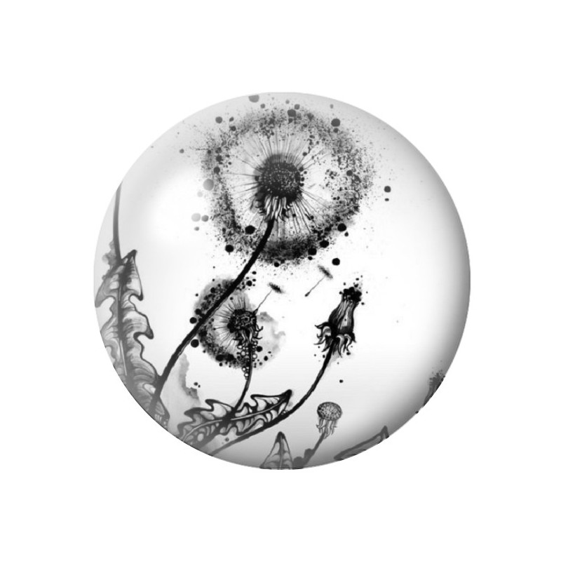 Cabochon en Verre Illustré Fleurs Pissenlits Noir et Blanc 12 à 25mm