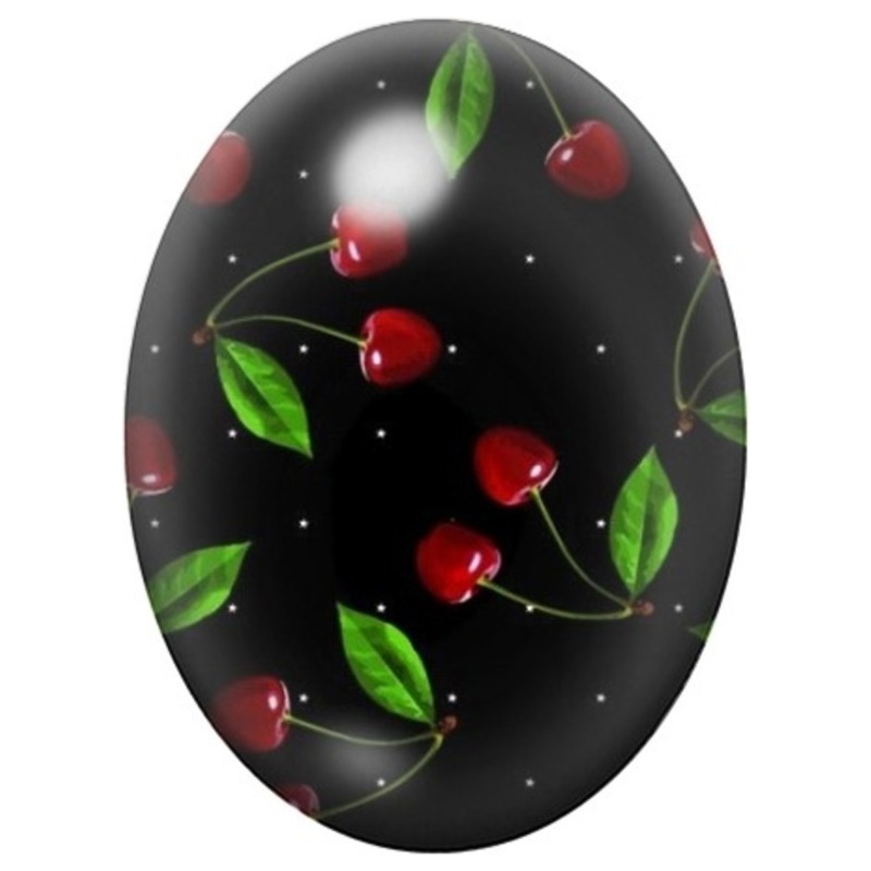 Cabochon en Verre Illustré Cerises sur Fond Noir 13x18, 18x25 ou 30x40mm