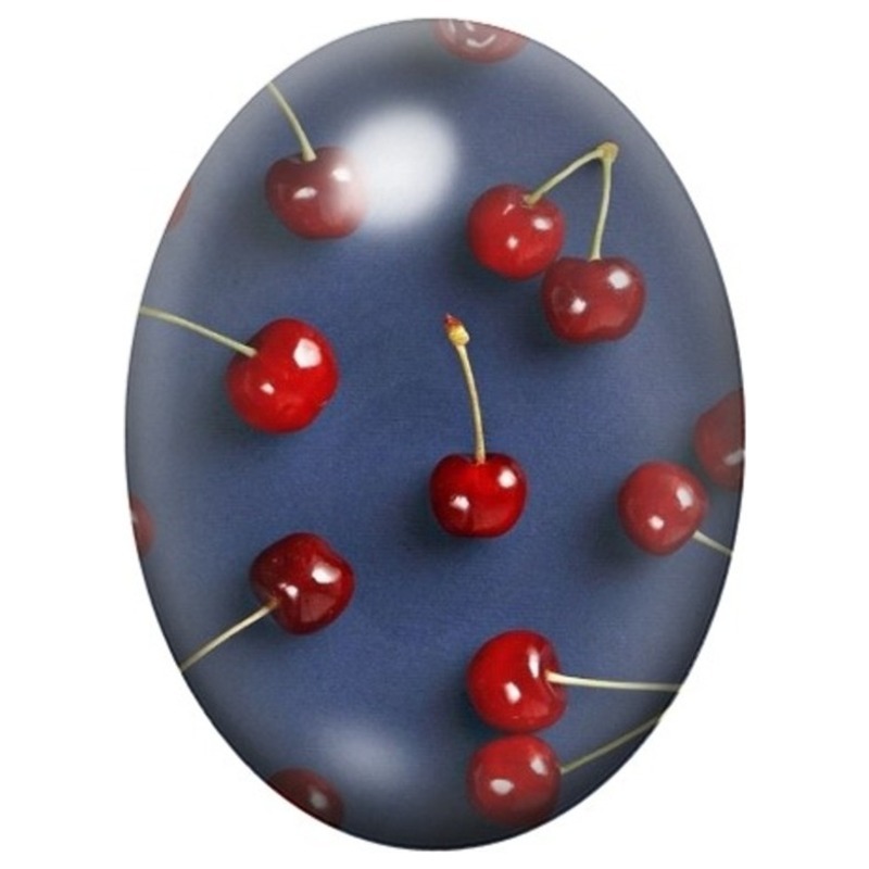 Cabochon en Verre Illustré Cerises sur Fond Bleu Nuit 13x18, 18x25 ou 30x40mm