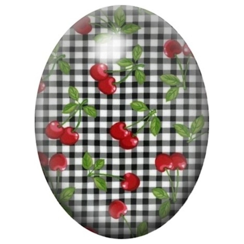 Cabochon en Verre Illustré Cerises sur Motif Vichy Noir et Blanc 13x18, 18x25 ou 30x40mm