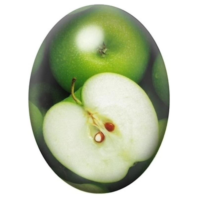 Cabochon en Verre Illustré Pomme Verte Entière et Coupée 13x18, 18x25 ou 30x40mm