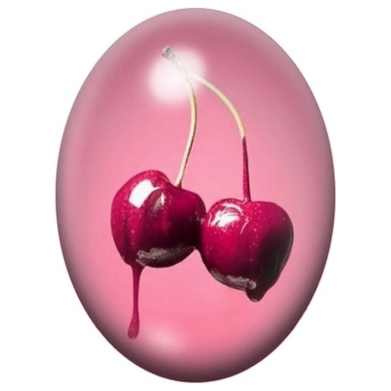 Cabochon en Verre Illustré Deux Cerises sur Fond Rose 13x18, 18x25 ou 30x40mm