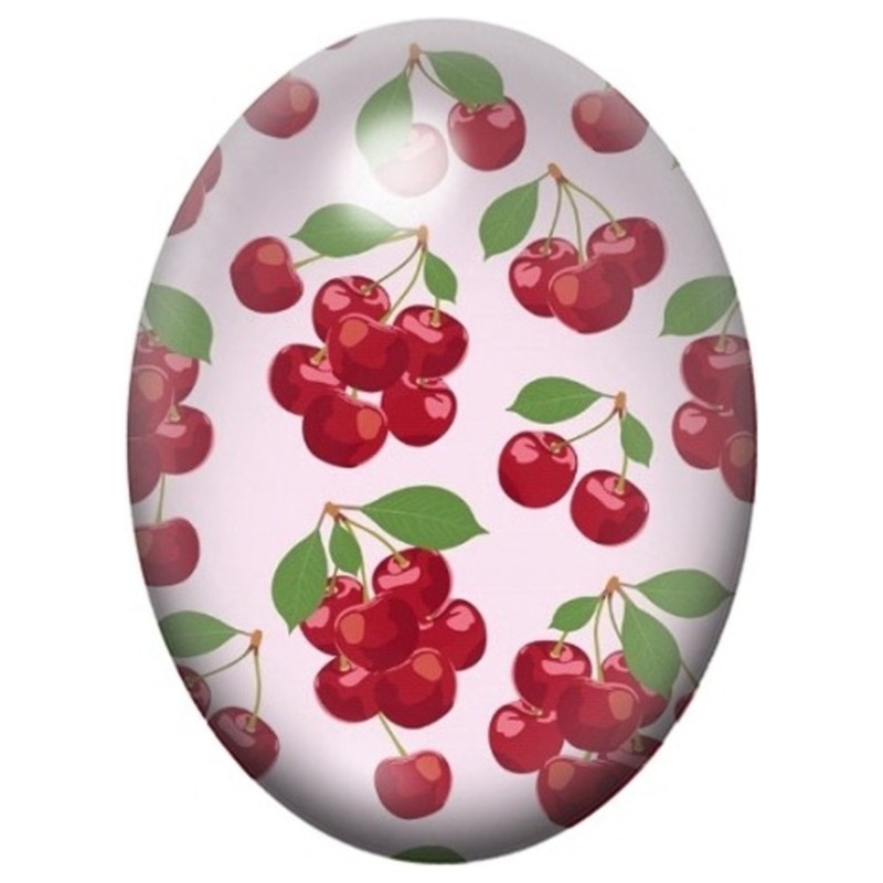 Cabochon en Verre Illustré Cerises Rétro sur Fond Crème 13x18, 18x25 ou 30x40mm