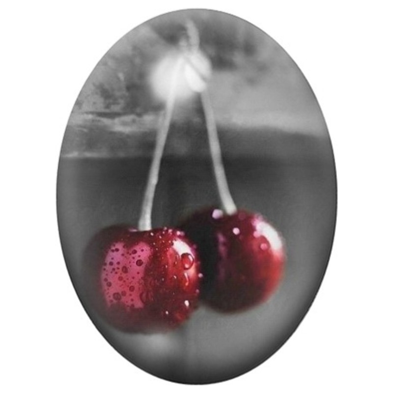 Cabochon en Verre Illustré Cerises Rouges sous la Pluie 13x18, 18x25 ou 30x40mm