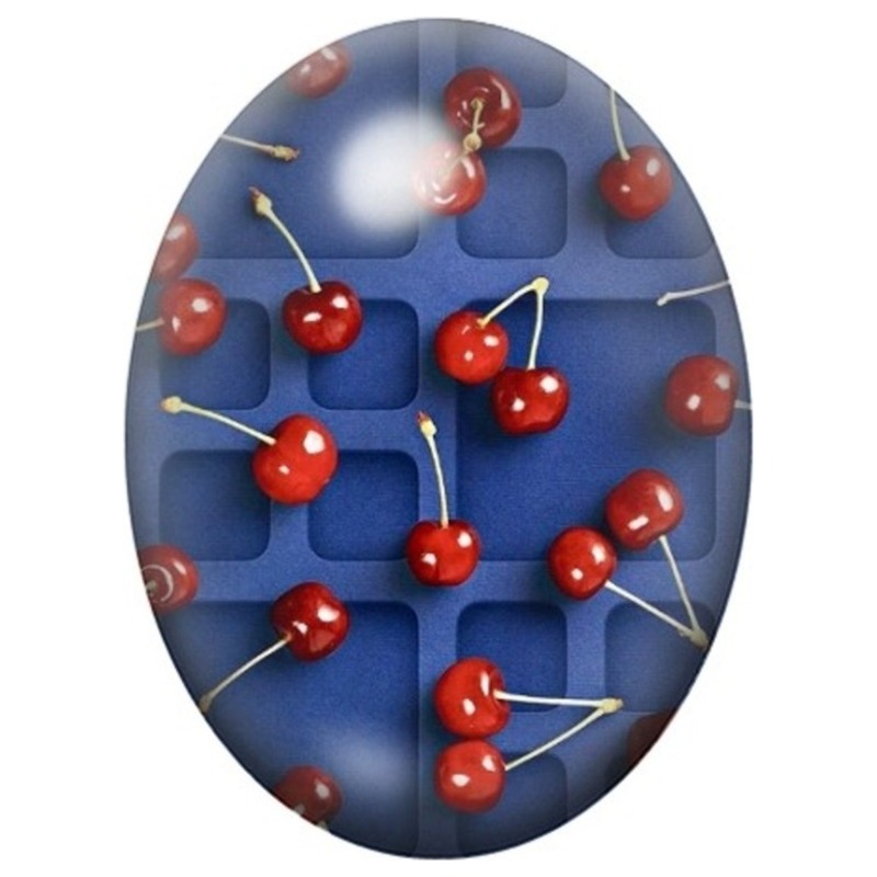 Cabochon en Verre Illustré Cerises Graphiques sur Fond Bleu 13x18, 18x25 ou 30x40mm