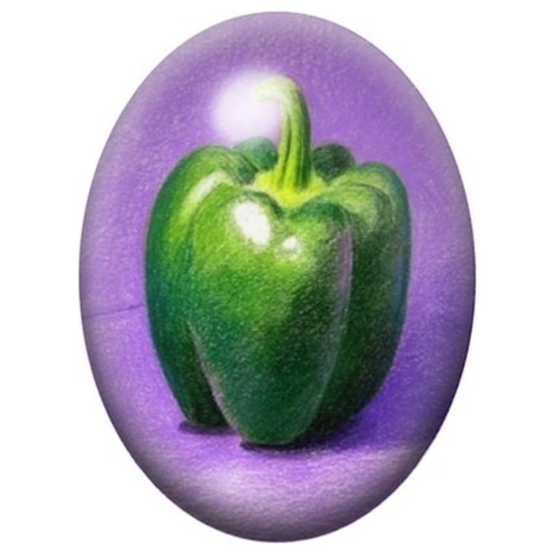 Cabochon en Verre Illustré Poivron Vert sur Fond Violet 13x18, 18x25 ou 30x40mm