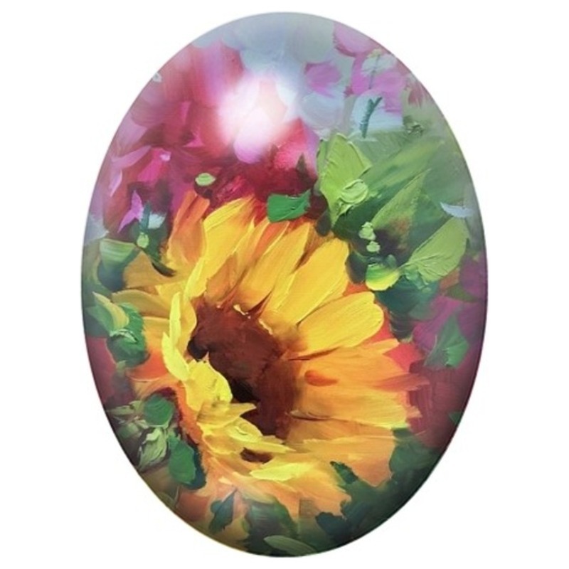 Cabochon en Verre Illustré Tournesol dans un Jardin Coloré 13x18, 18x25 ou 30x40mm
