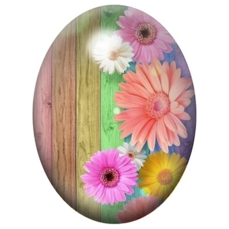 Cabochon en Verre Illustré Gerberas Roses sur Bois Coloré 13x18, 18x25 ou 30x40mm