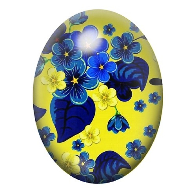 Cabochon en Verre Illustré Fleurs Bleues sur Fond Jaune 13x18, 18x25 ou 30x40mm