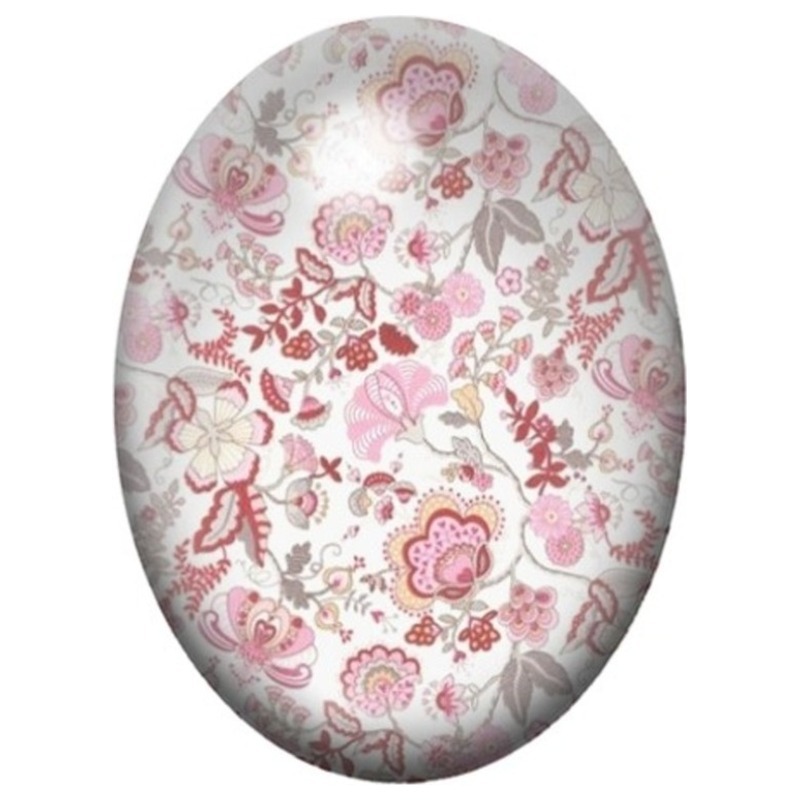 Cabochon en Verre Illustré Fleurs Toile de Jouy Rose Poudré 13x18, 18x25 ou 30x40mm