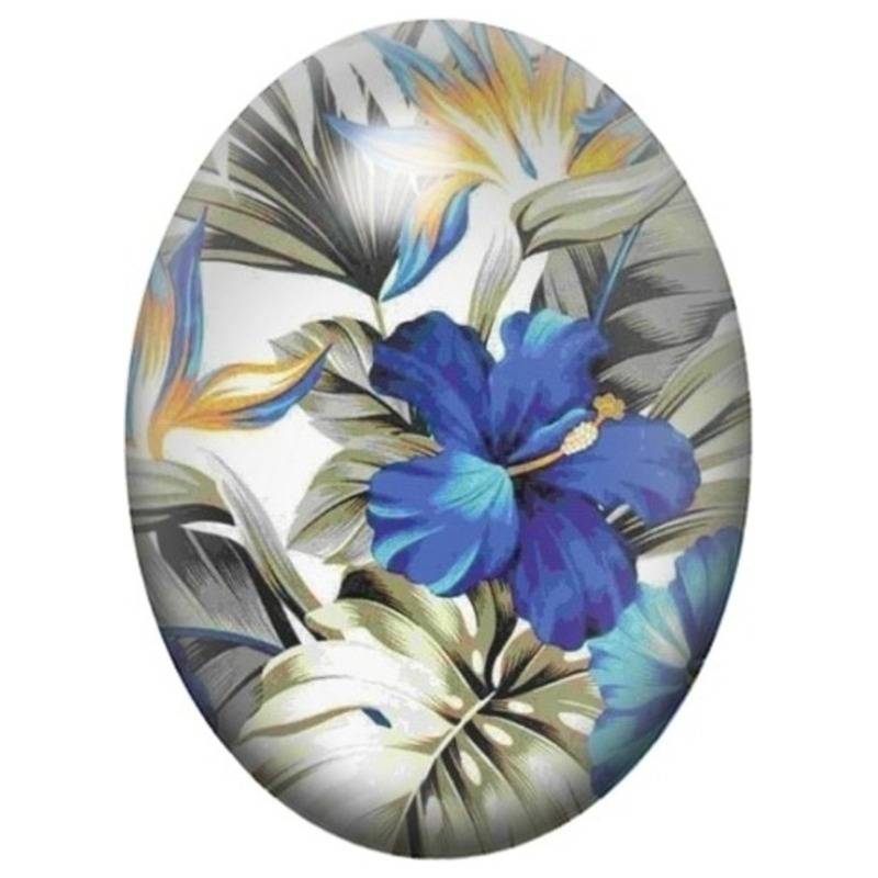Cabochon en Verre Illustré Hibiscus Bleu et Feuillage Tropical 13x18, 18x25 ou 30x40mm