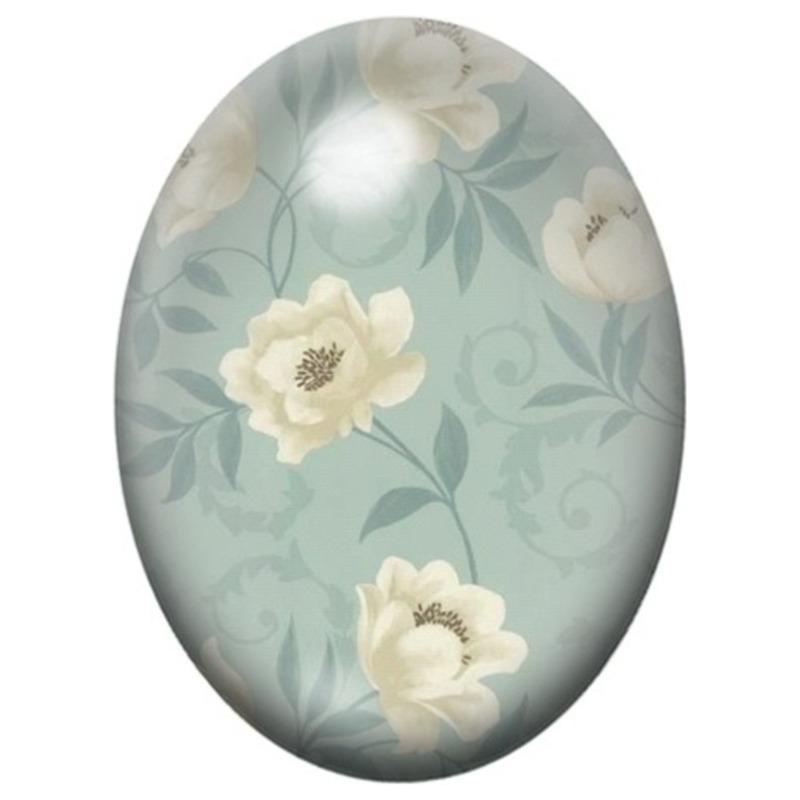 Cabochon en Verre Illustré Fleurs Blanches sur Fond Bleu Gris 13x18, 18x25 ou 30x40mm