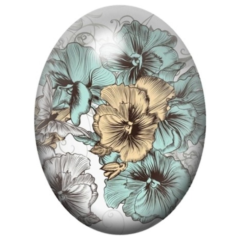 Cabochon en Verre Illustré Fleurs Graphiques Bleu Gris et Beige 13x18, 18x25 ou 30x40mm
