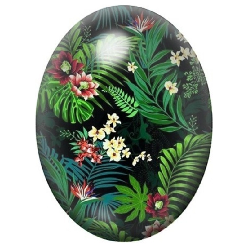 Cabochon en Verre Illustré Fleurs Tropicales dans un Feuillage Vert 13x18, 18x25 ou 30x40mm