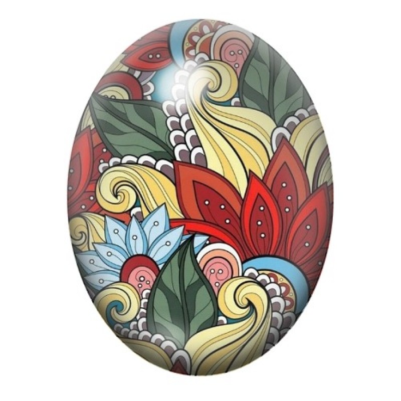 Cabochon en Verre Illustré Fleurs Art Nouveau Rouges et Bleues 13x18, 18x25 ou 30x40mm