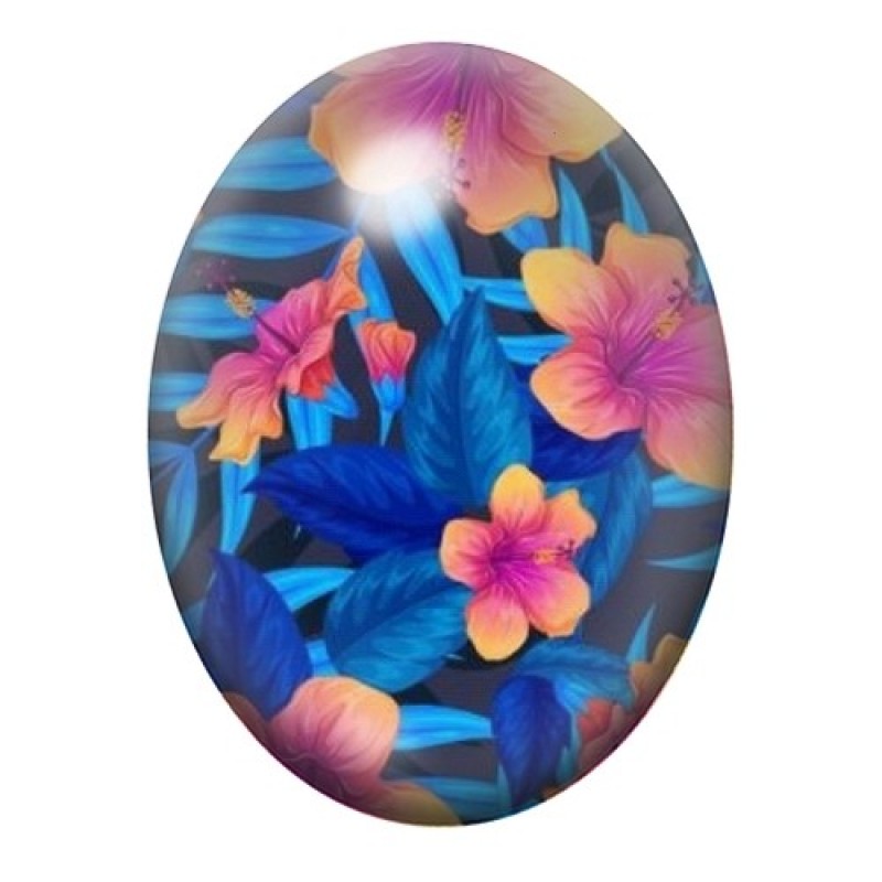 Cabochon en Verre Illustré Hibiscus Roses parmi les Feuilles Bleues 13x18, 18x25 ou 30x40mm