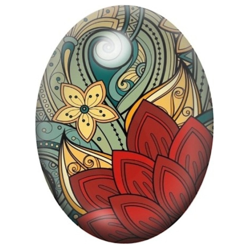 Cabochon en Verre Illustré Fleur de Lotus Rouge et Arabesques 13x18, 18x25 ou 30x40mm