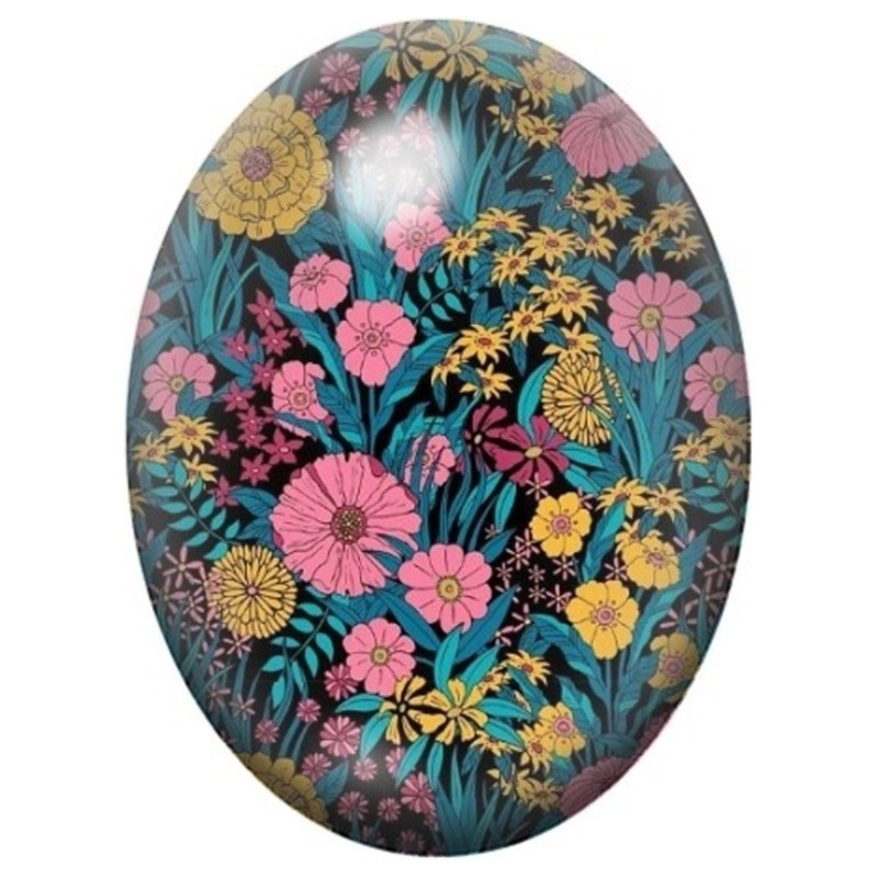 Cabochon en Verre Illustré Jardin Fleuri sur Fond Bleu Canard 13x18, 18x25 ou 30x40mm
