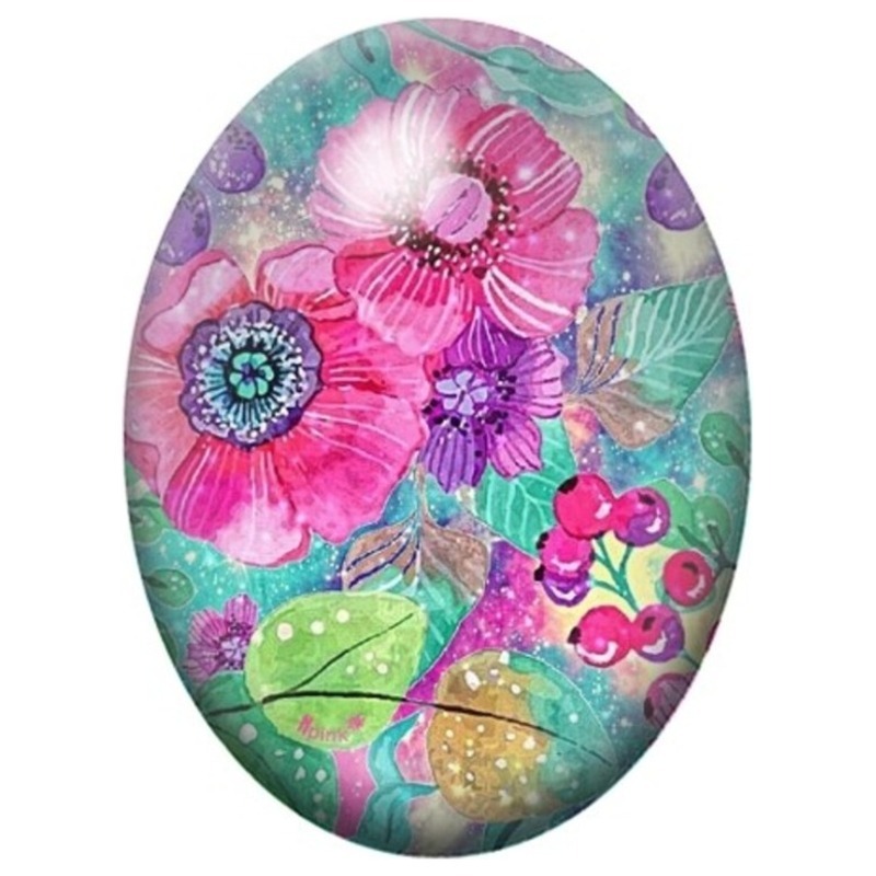 Cabochon en Verre Illustré Fleurs Roses sur Fond Turquoise 13x18, 18x25 ou 30x40mm