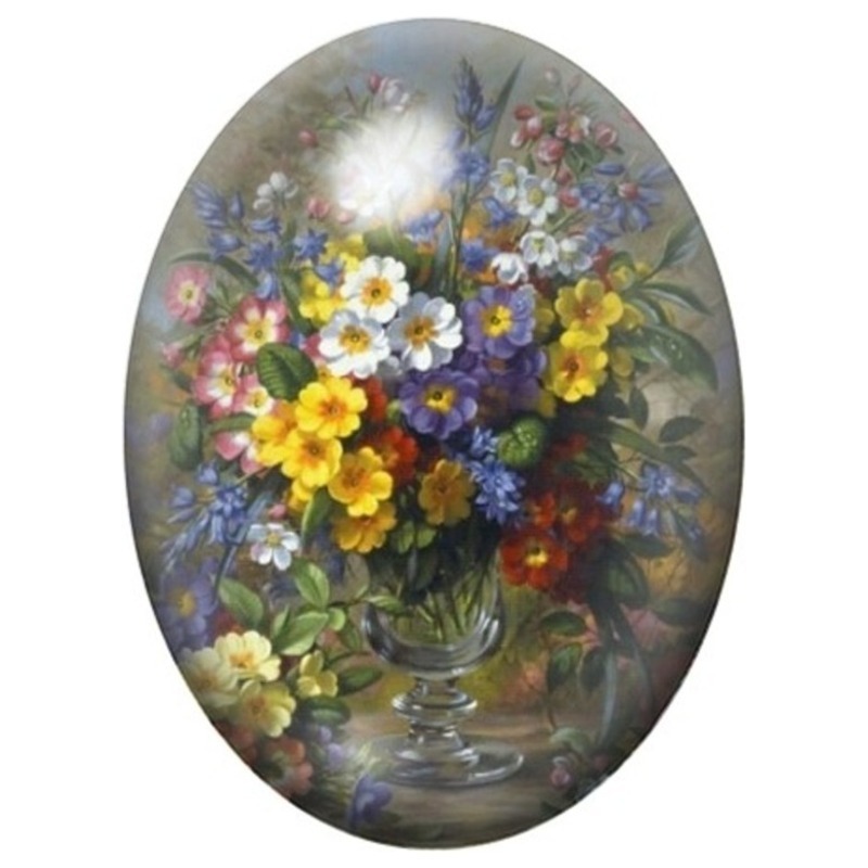 Cabochon en Verre Illustré Bouquet Champêtre dans un Vase de Verre 13x18, 18x25 ou 30x40mm