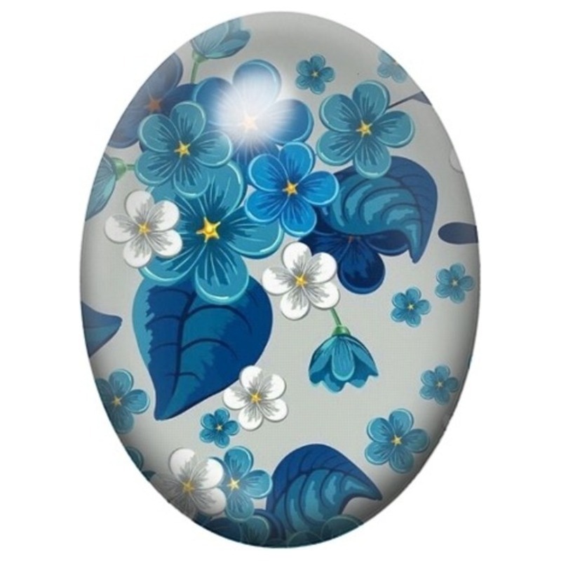 Cabochon en Verre Illustré Fleurs Bleues et Blanches Japonaises 13x18, 18x25 ou 30x40mm