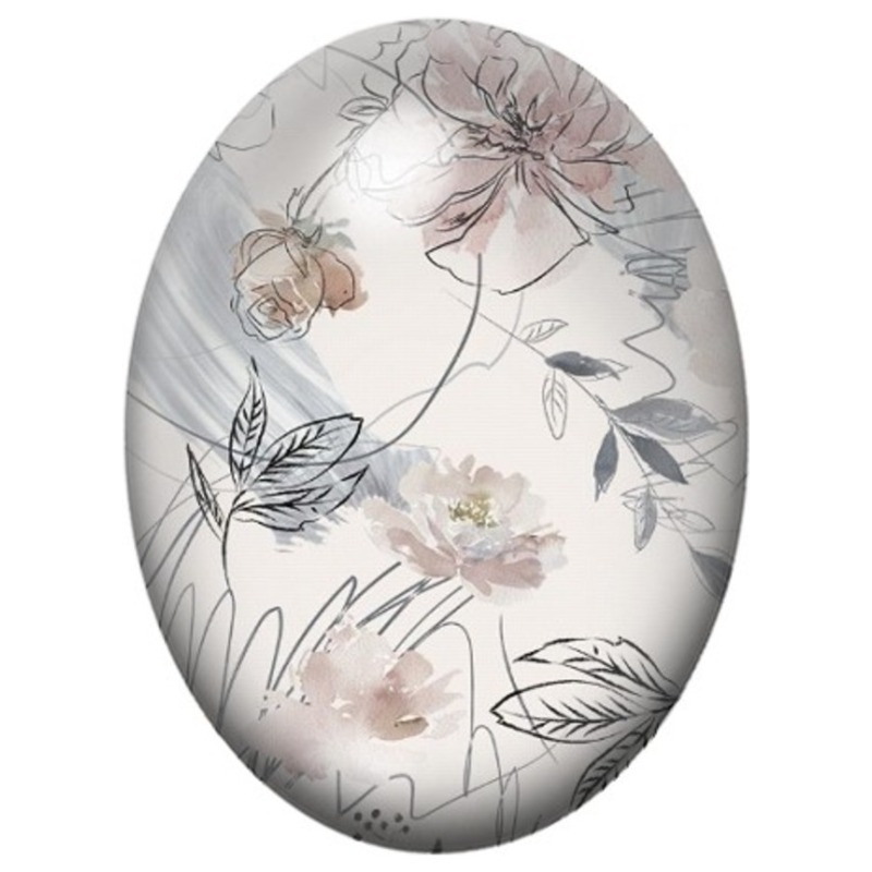 Cabochon en Verre Illustré Fleurs au Trait Noir et Rose Poudré 13x18, 18x25 ou 30x40mm