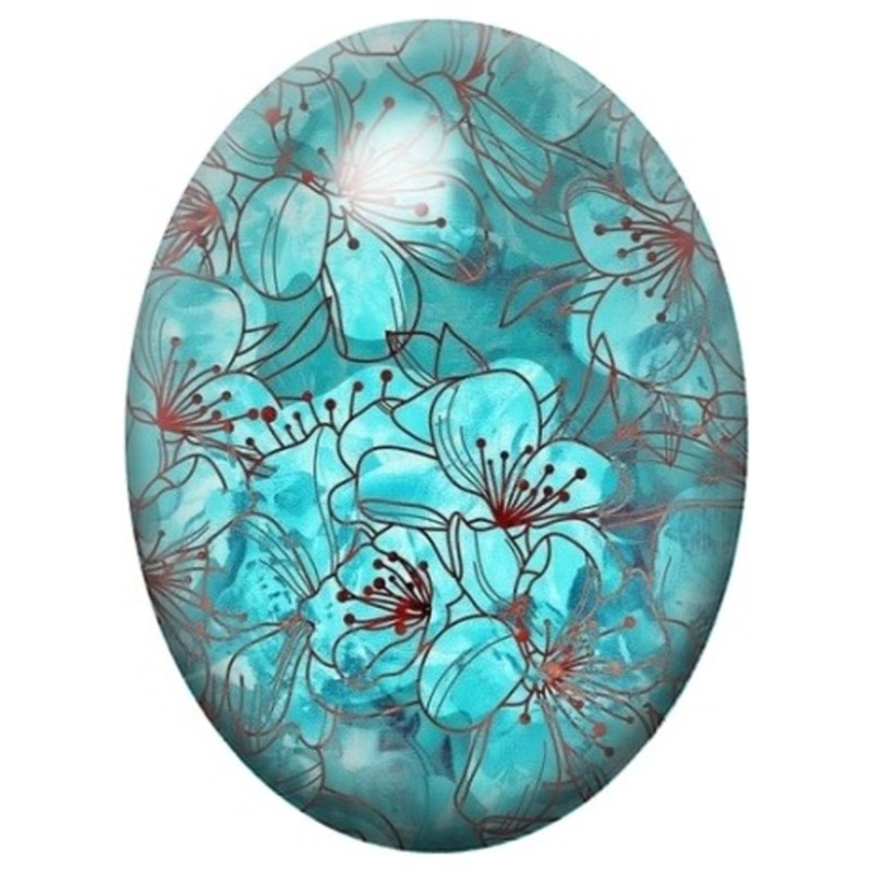 Cabochon en Verre Illustré Fleurs Turquoise au Trait Rouge 13x18, 18x25 ou 30x40mm