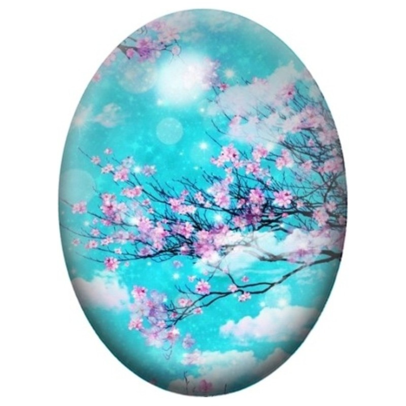 Cabochon en Verre Illustré Fleurs de Cerisier sous Ciel Turquoise 13x18, 18x25 ou 30x40mm
